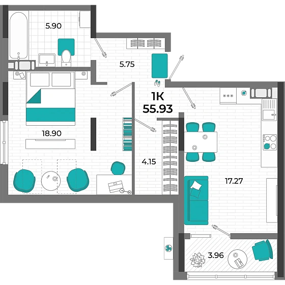 Квартира 1-комн. 55.93 кв. м