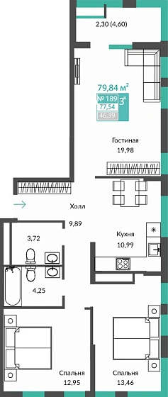 Квартира 3-комн. 77.54 кв.м