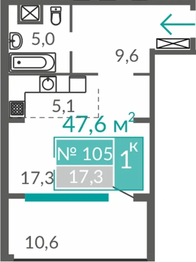 Апартаменты 1-комн. 47.6 кв.м