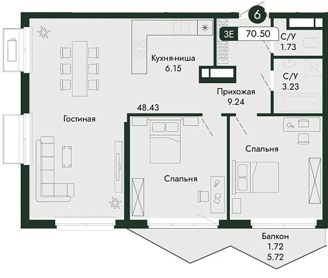 Квартира 2-комн. 70.5 кв. м