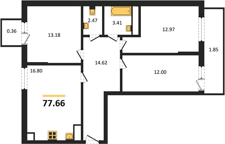 Квартира 3-комн. 77.66 кв. м