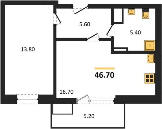 Квартира 1-комн. 46.7 кв. м