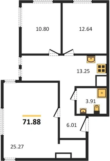 Апартаменты 3-комн. 71.88 кв. м