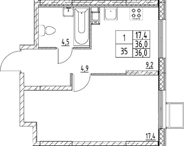 Квартира 1-комн. 36 кв. м