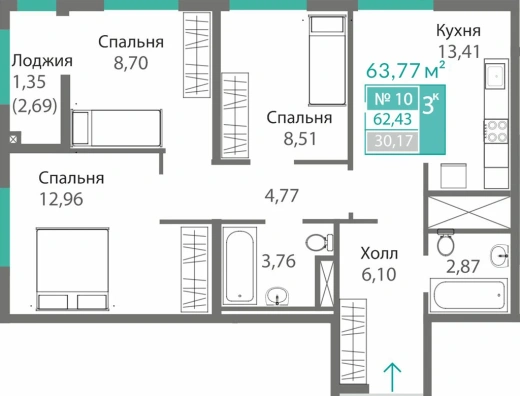 Квартира 3-комн. 62.43 кв.м