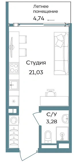 Апартаменты 1-комн. 29.05 кв. м