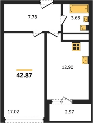 Квартира 1-комн. 42.87 кв. м