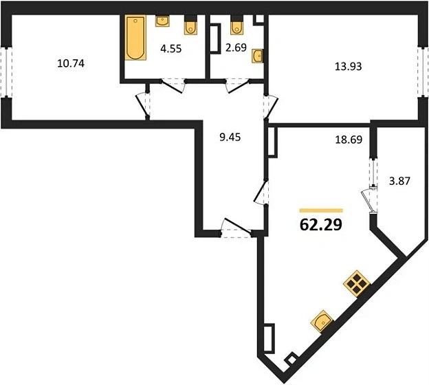 Квартира 2-комн. 62.29 кв. м