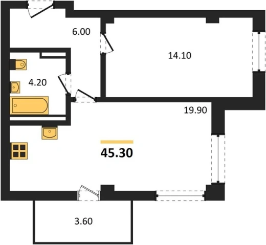 Квартира 1-комн. 44.2 кв. м
