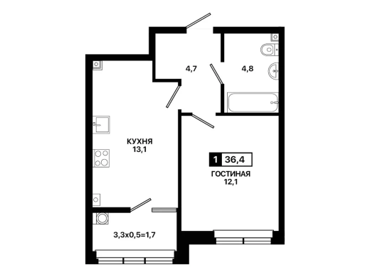 Квартира 1-комн. 36.4 кв. м