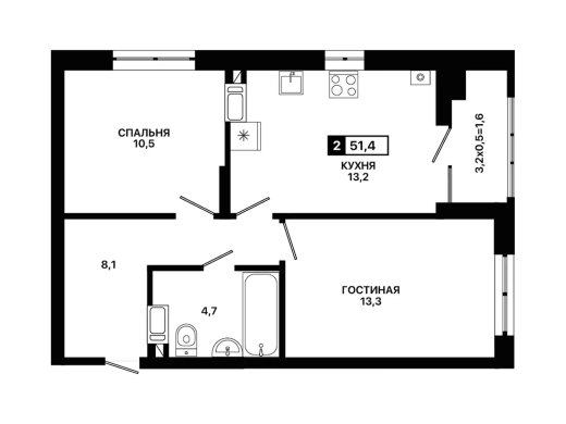 Квартира 2-комн. 51.4 кв. м