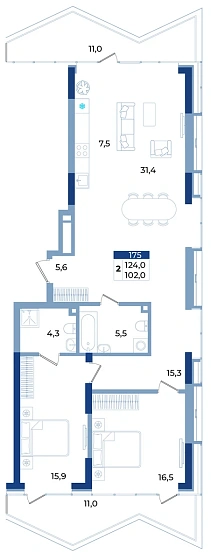 Апартаменты 2-комн. 124 кв.м
