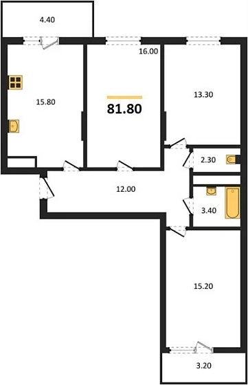 Квартира 3-комн. 81.8 кв. м