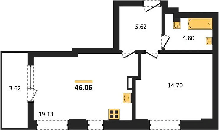 Квартира 1-комн. 46.06 кв. м