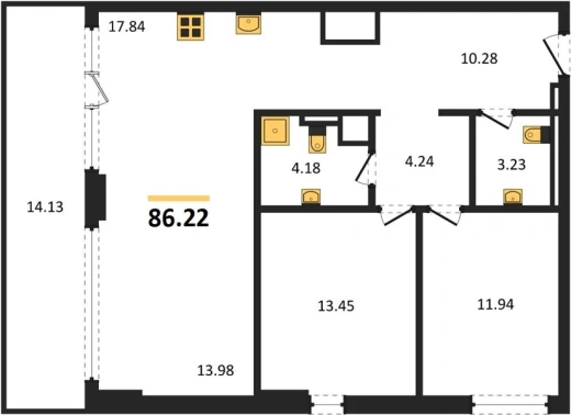 Квартира 3-комн. 86.22 кв. м