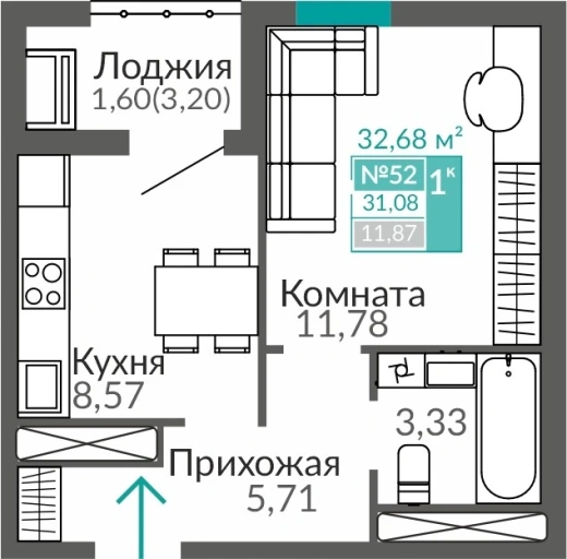 Квартира 1-комн. 31.08 кв.м