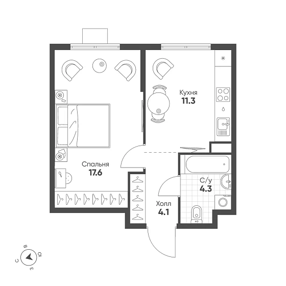 Квартира 1-комн. 37.3 кв. м