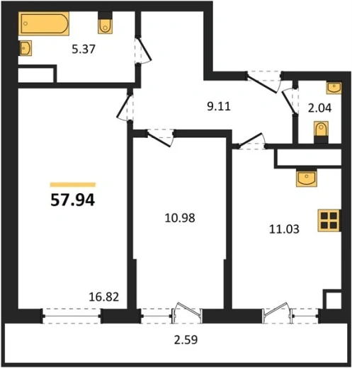 Квартира 2-комн. 57.61 кв. м
