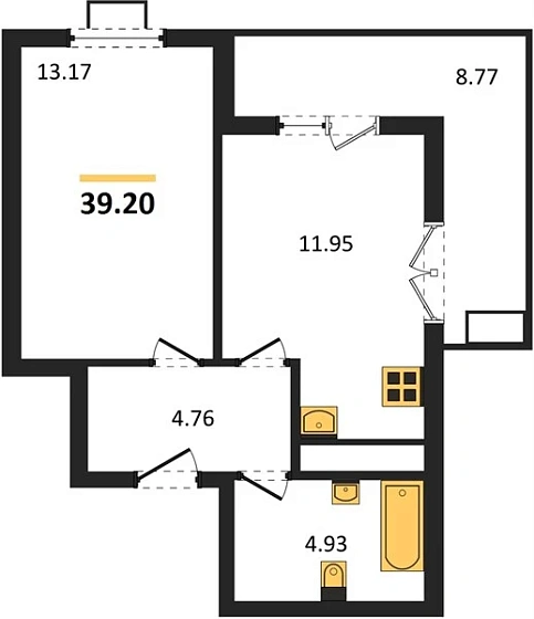 Квартира 1-комн. 39.2 кв. м