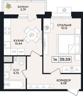 Квартира 1-комн. 39.59 кв. м