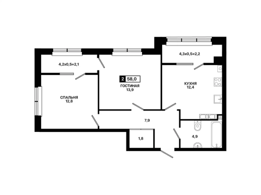 Квартира 2-комн. 58 кв. м