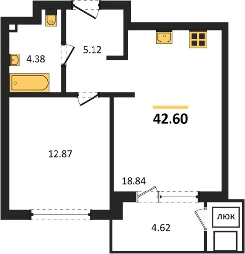 Квартира 1-комн. 42.6 кв. м