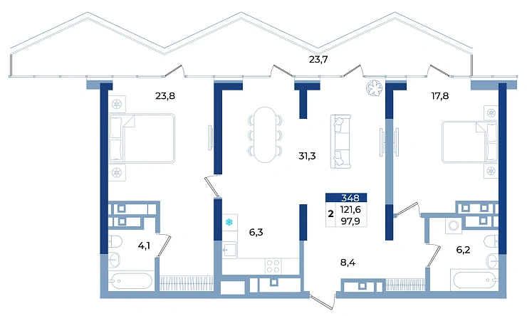Апартаменты 2-комн. 121.6 кв.м