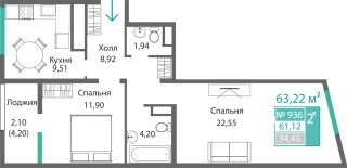 Квартира 2-комн. 61.12 кв.м