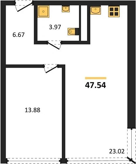 Апартаменты 1-комн. 47.54 кв. м