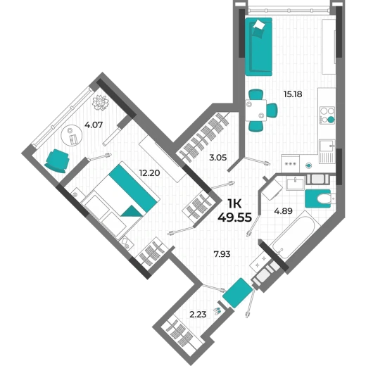Квартира 1-комн. 49.55 кв. м