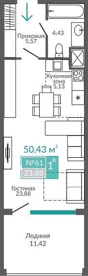 Апартаменты 1-комн. 50.43 кв.м