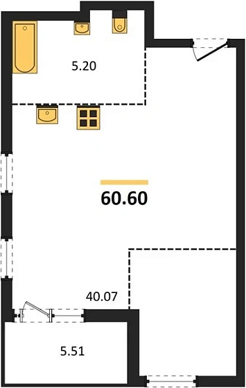 Квартира 1-комн. 60.6 кв. м