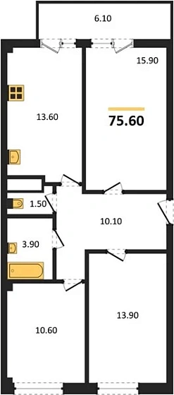 Квартира 3-комн. 75.6 кв. м