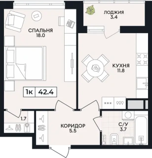Квартира 1-комн. 42.4 кв. м