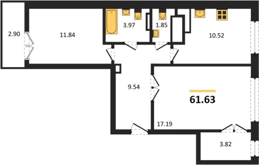 Квартира 2-комн. 61.63 кв. м