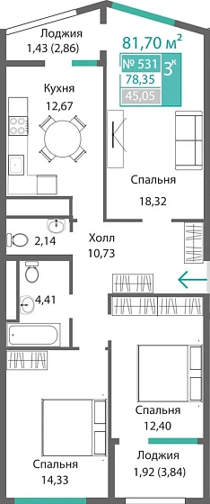 Квартира 3-комн. 78.35 кв.м