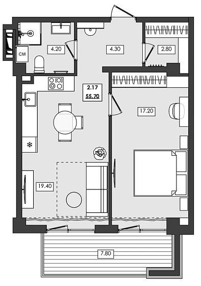 Апартаменты 2-комн. 55.7 кв. м