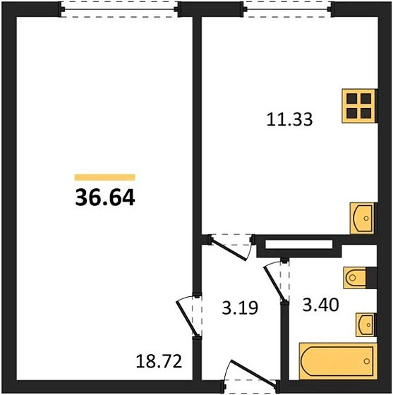 Квартира 1-комн. 36.64 кв. м