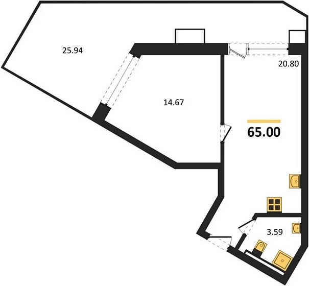 Апартаменты 1-комн. 65 кв. м