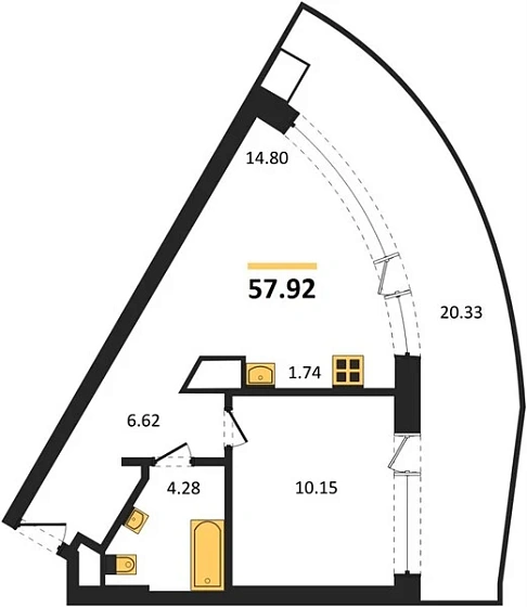 Апартаменты 1-комн. 57.92 кв. м
