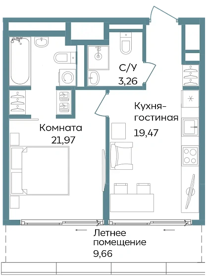 Апартаменты 2-комн. 54.36 кв. м