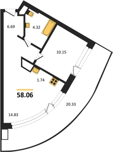 Апартаменты 1-комн. 58.06 кв. м
