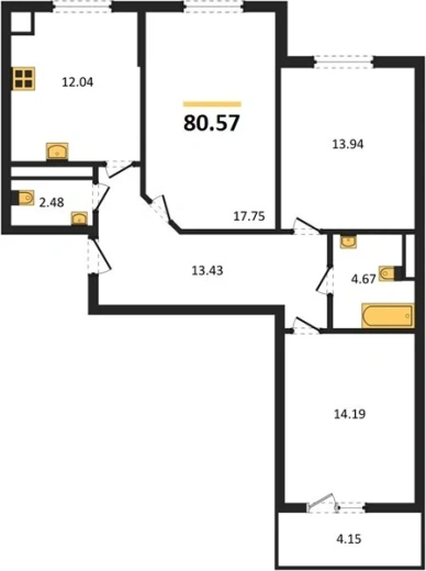 Квартира 3-комн. 80.57 кв. м