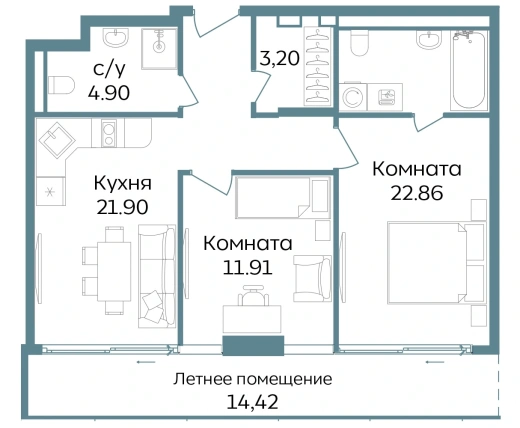 Апартаменты 3-комн. 79.19 кв. м