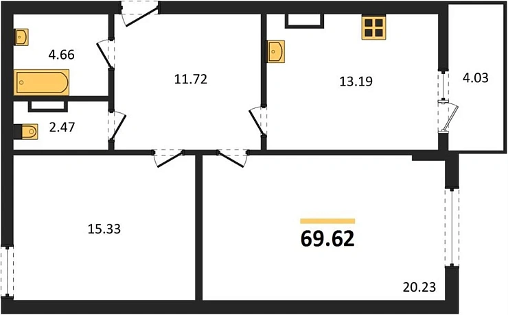 Квартира 2-комн. 69.62 кв. м