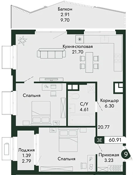 Квартира 2-комн. 60.91 кв. м