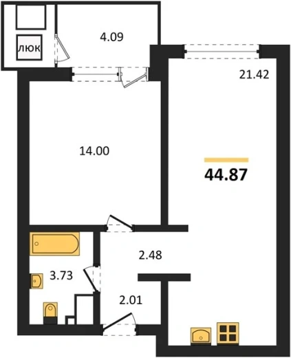 Квартира 1-комн. 44.87 кв. м