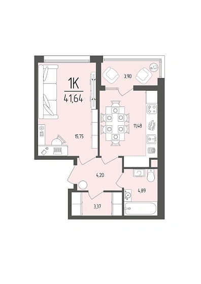 Квартира 1-комн. 41.64 кв. м