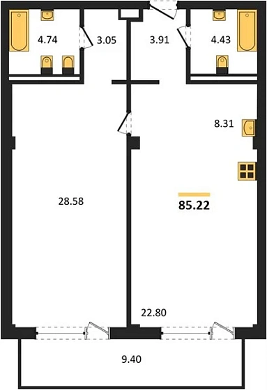 Апартаменты 2-комн. 85.22 кв. м
