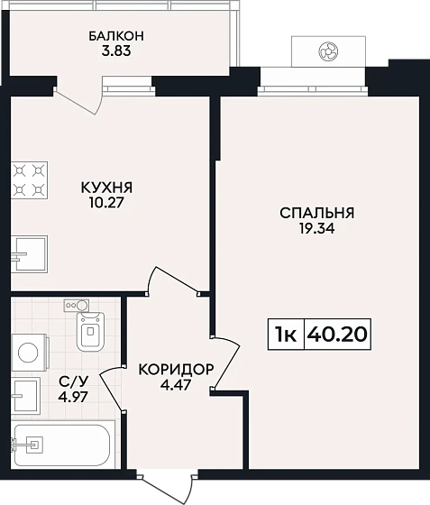 Квартира 1-комн. 40.2 кв. м